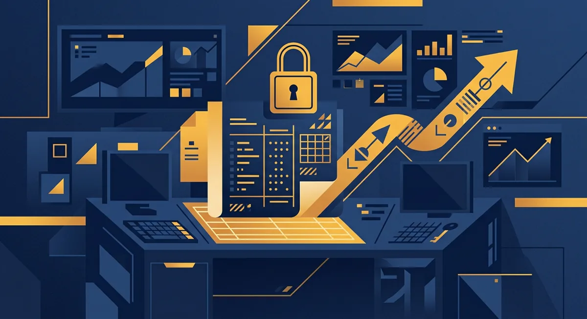 Abstract illustration of a trading desk with ledger and padlock icons representing exchange rules and account security