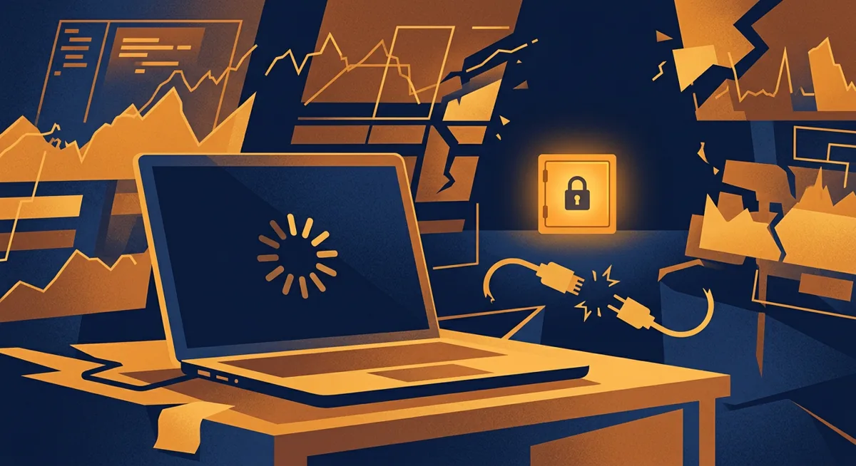 Illustration of a trading interface frozen mid-load next to an unaffected locked vault, representing an exchange outage versus custody