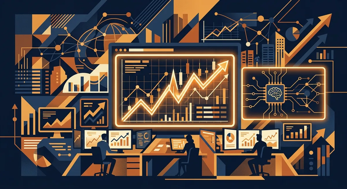 Abstract illustration of a trading screen with futures chart lines and an AI chip icon in navy and amber
