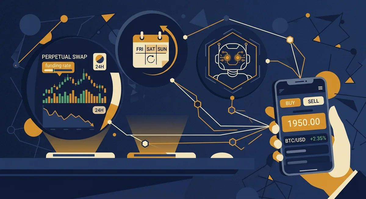 Abstract illustration of a trading desk showing three new app features: perpetual futures charts, a weekend calendar, and an AI icon