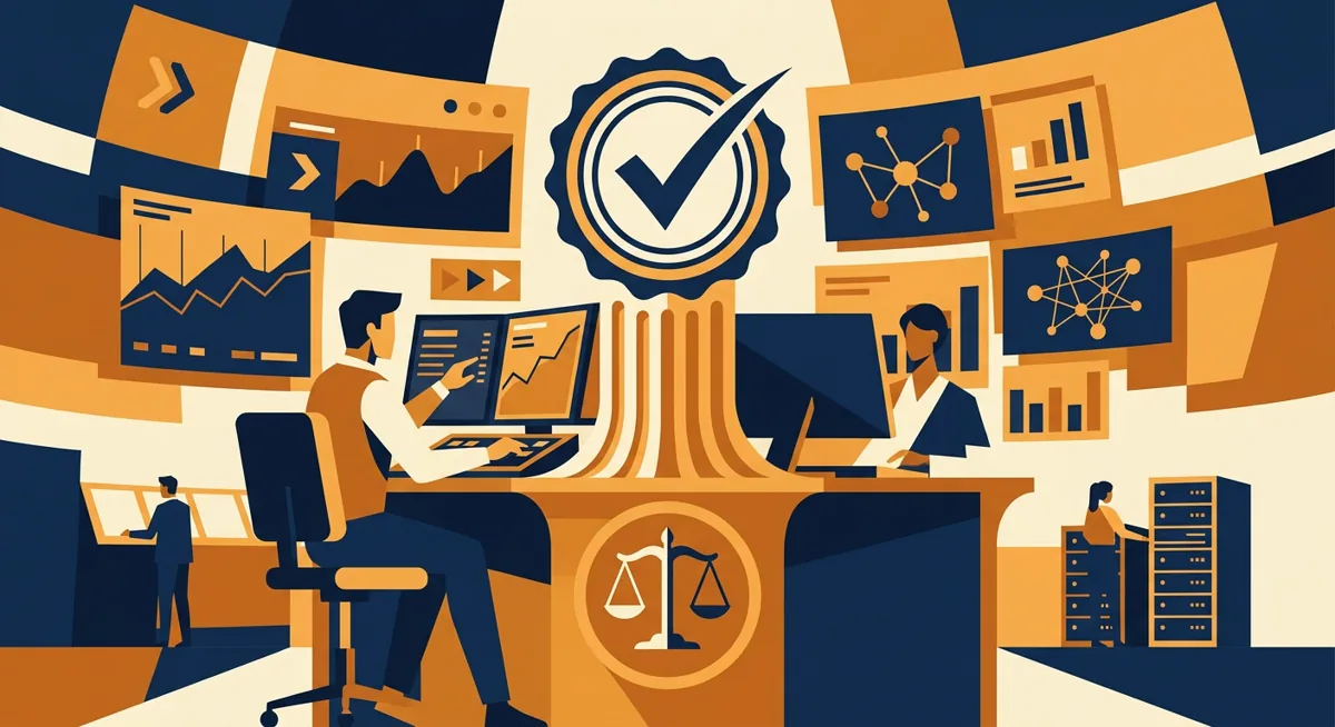 Illustration of a Greek column and regulatory stamp beside abstract crypto exchange trading panels