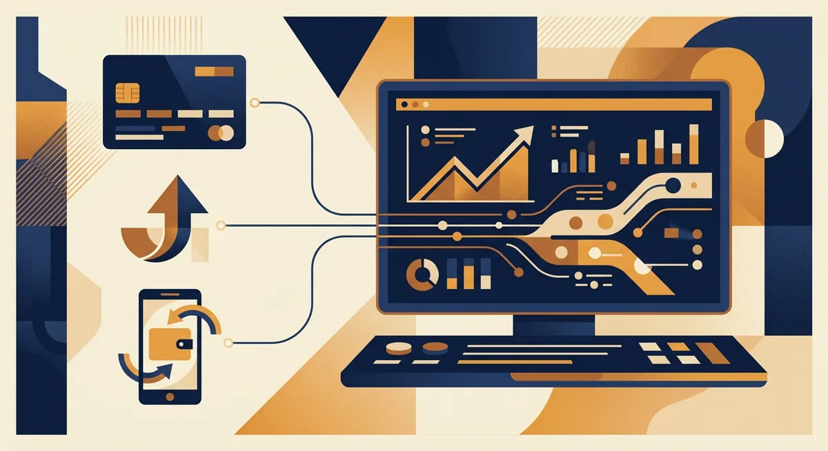 Abstract illustration of three payment app icons connecting to a crypto exchange trading screen