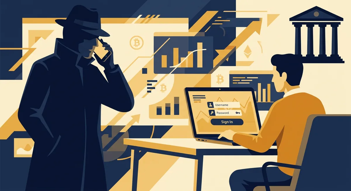 Illustration of a phone-based scam targeting a crypto exchange account holder, with courthouse imagery in the background